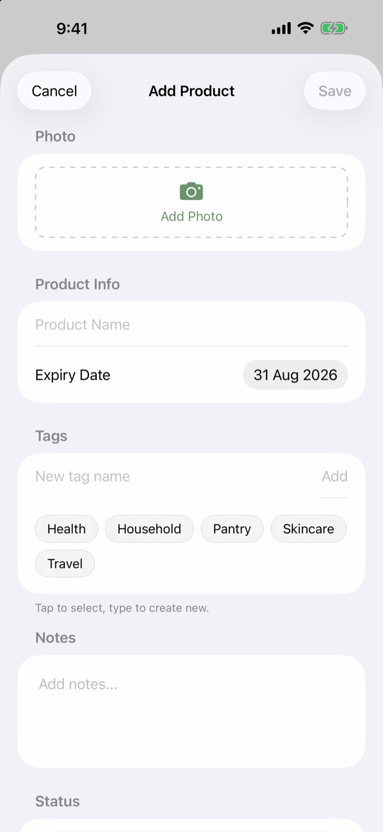 Shelfie add-product screen with photo, product information, tags, notes, and status fields
