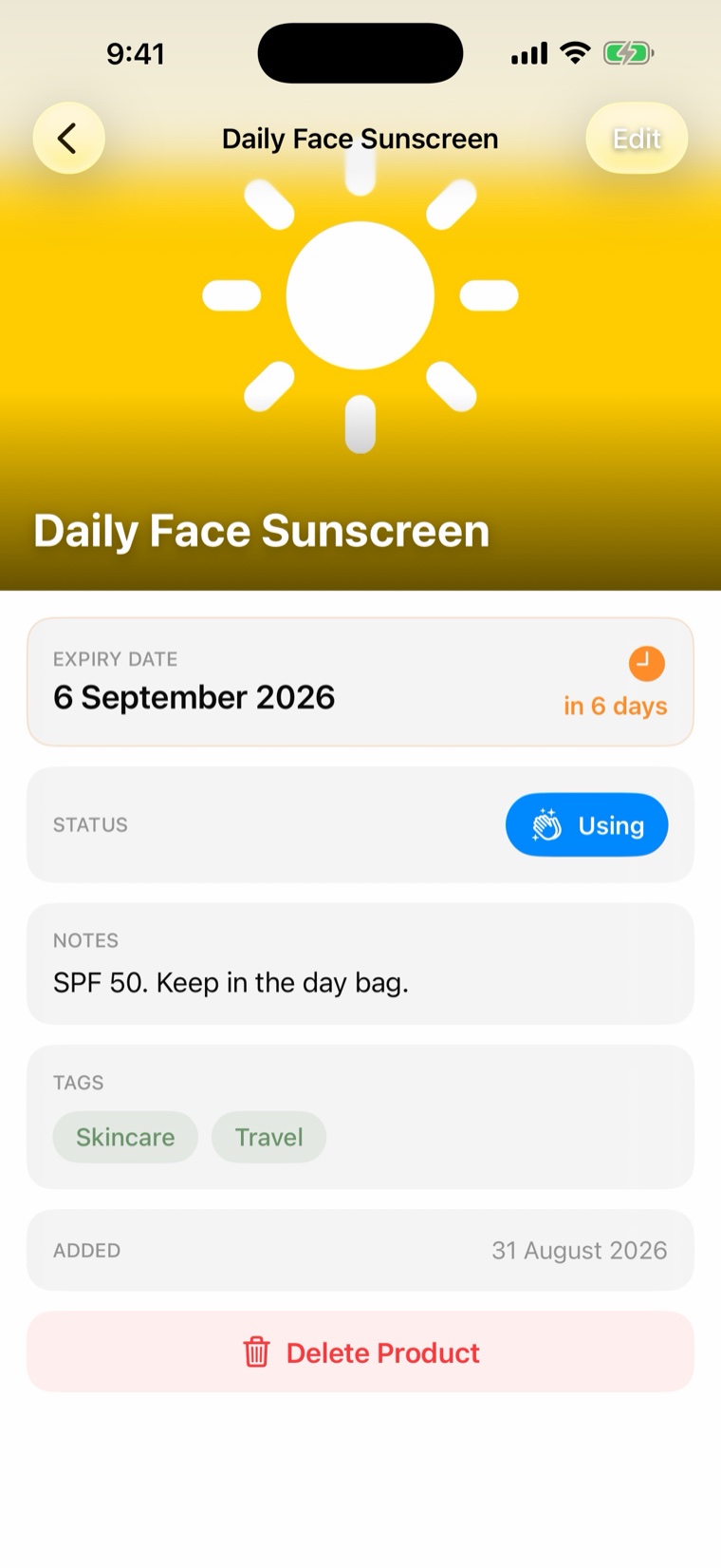 Shelfie product detail showing an expiry date, status, notes, and tags