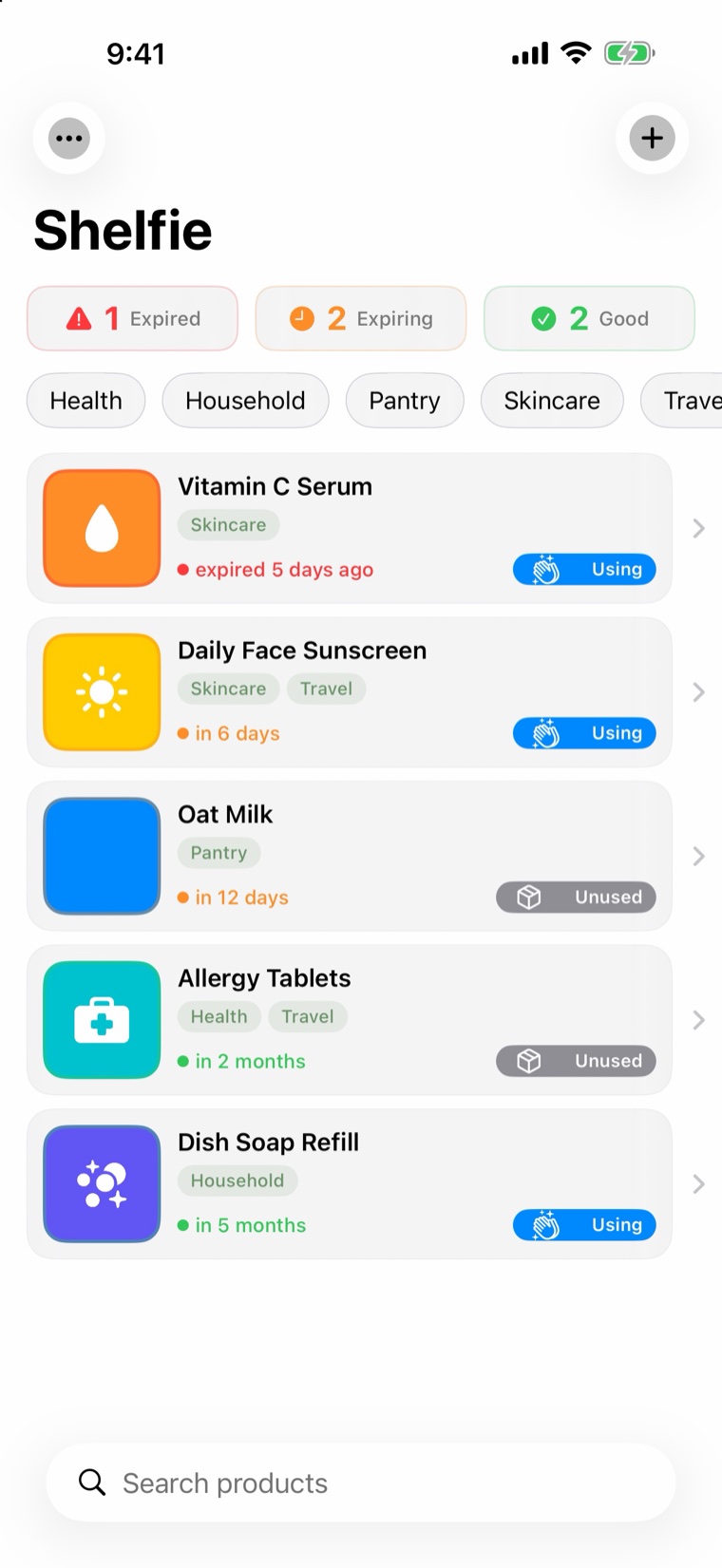 Shelfie overview showing products grouped by expired, expiring, and good status